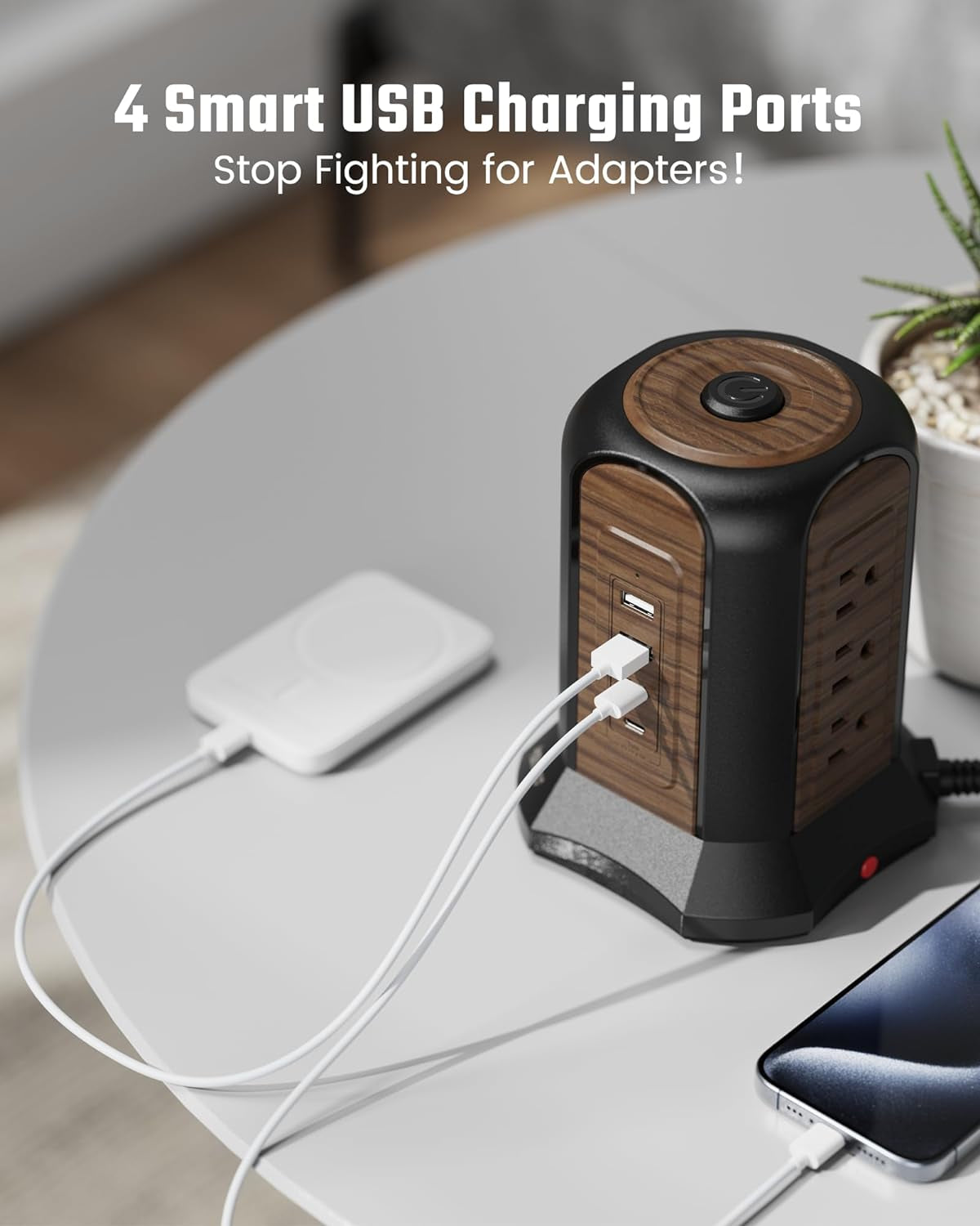 Tower Surge Protector – 9 Outlets, 4 USB (2 USB-C), 10 Ft Cord, 1080 J, Grounded, Brown