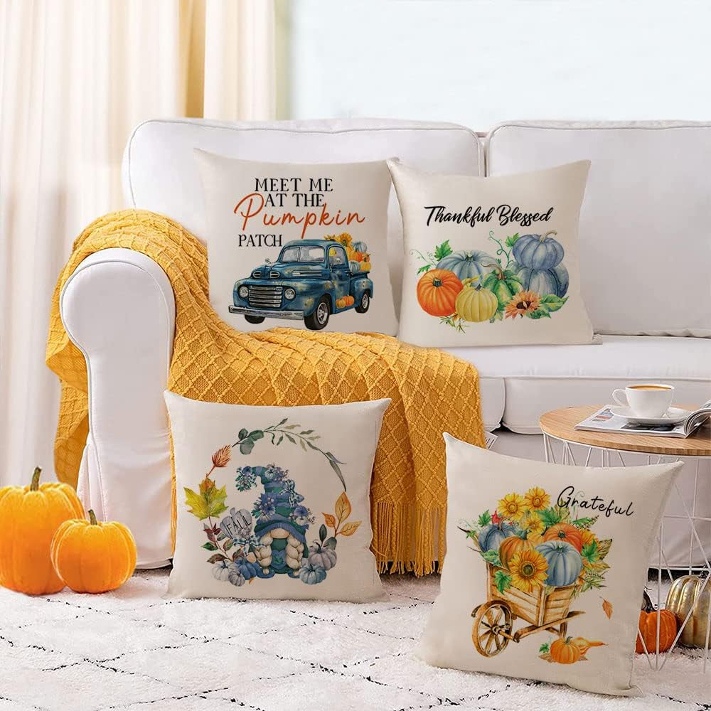 Fall Pillow Covers 16X16 Set of 4 Thanksgiving Autumn Decorative Pillow Covers Blue Fall Pumpkin Gnome Truck Cushion Covers Pillow Cases for Home Outdoor Couch Sofa Decorations (16 Inch)