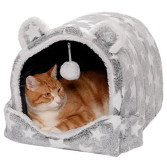 Cozy Cat Bed Cave for Indoor Cats & Small Dogs - Washable, Foldable with Plush Ball Toy - Pet Tent with Silver Stars Design (Size: Small)