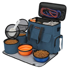 Dog Travel Bag, Weekend Pet Travel Set for Dog and Cat, Airline Approved Tote Organizer with Multi-Function Pockets, 2 Food Storage Containers, 2 Collapsible Bowls, 1 Feeding Mat (Blue)