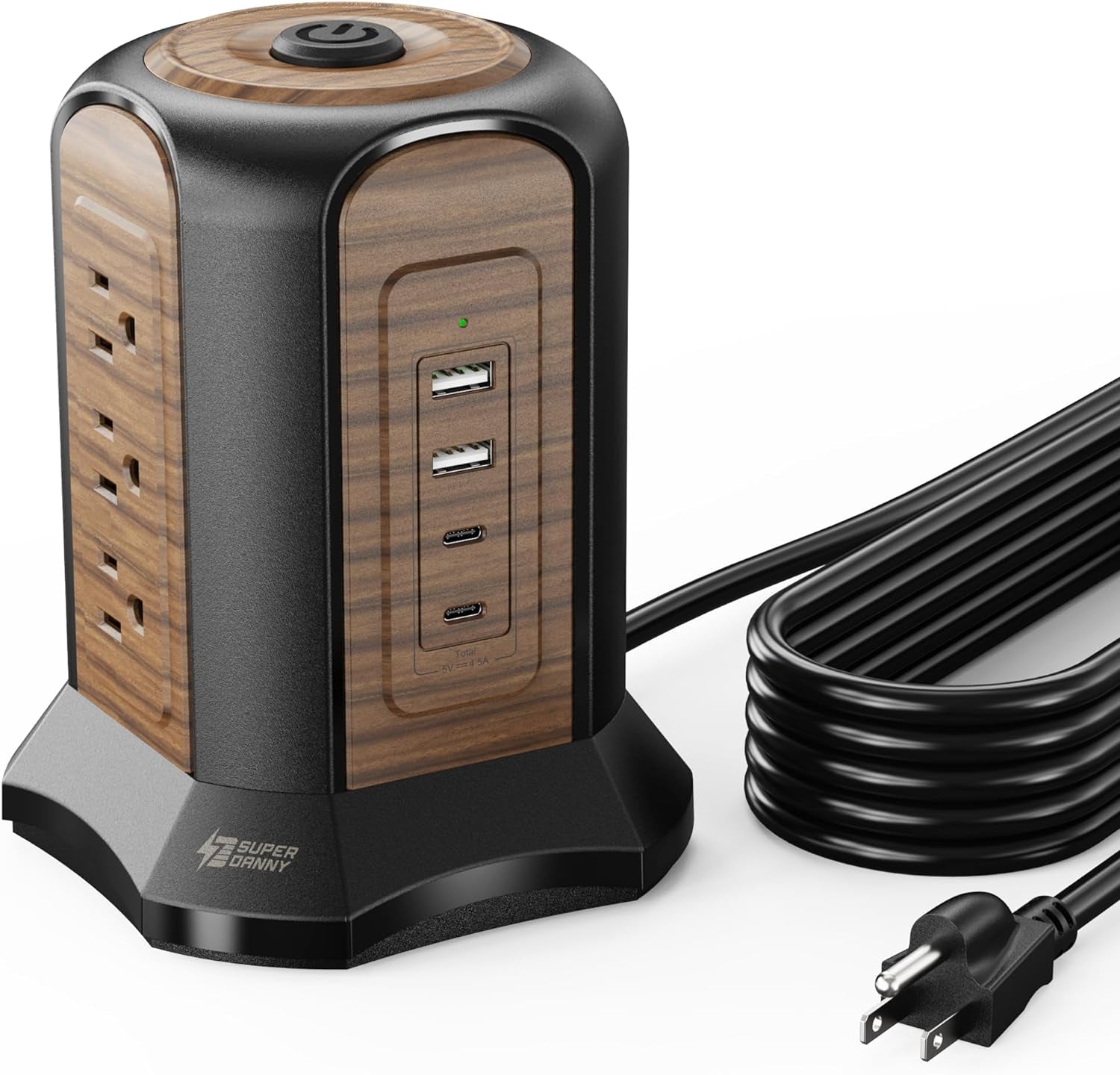 Tower Surge Protector – 9 Outlets, 4 USB (2 USB-C), 10 Ft Cord, 1080 J, Grounded, Brown
