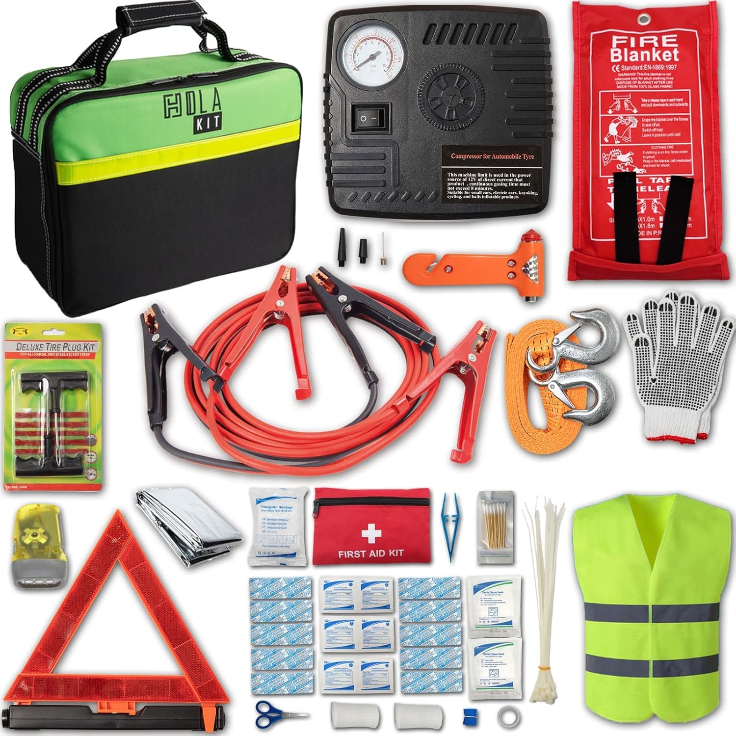 78-Piece Car Emergency Kit - Comprehensive Roadside Assistance Kit with Jumper Cables, Portable Air Compressor, Tow Straps, First Aid Kit, and Essential Safety Tools for Men and Women