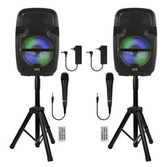 PBX-808TWS Dual 8-Inch Portable Bluetooth PA Speaker System with Stands, Wired Mics, Remotes, USB/FM/TWS/LED