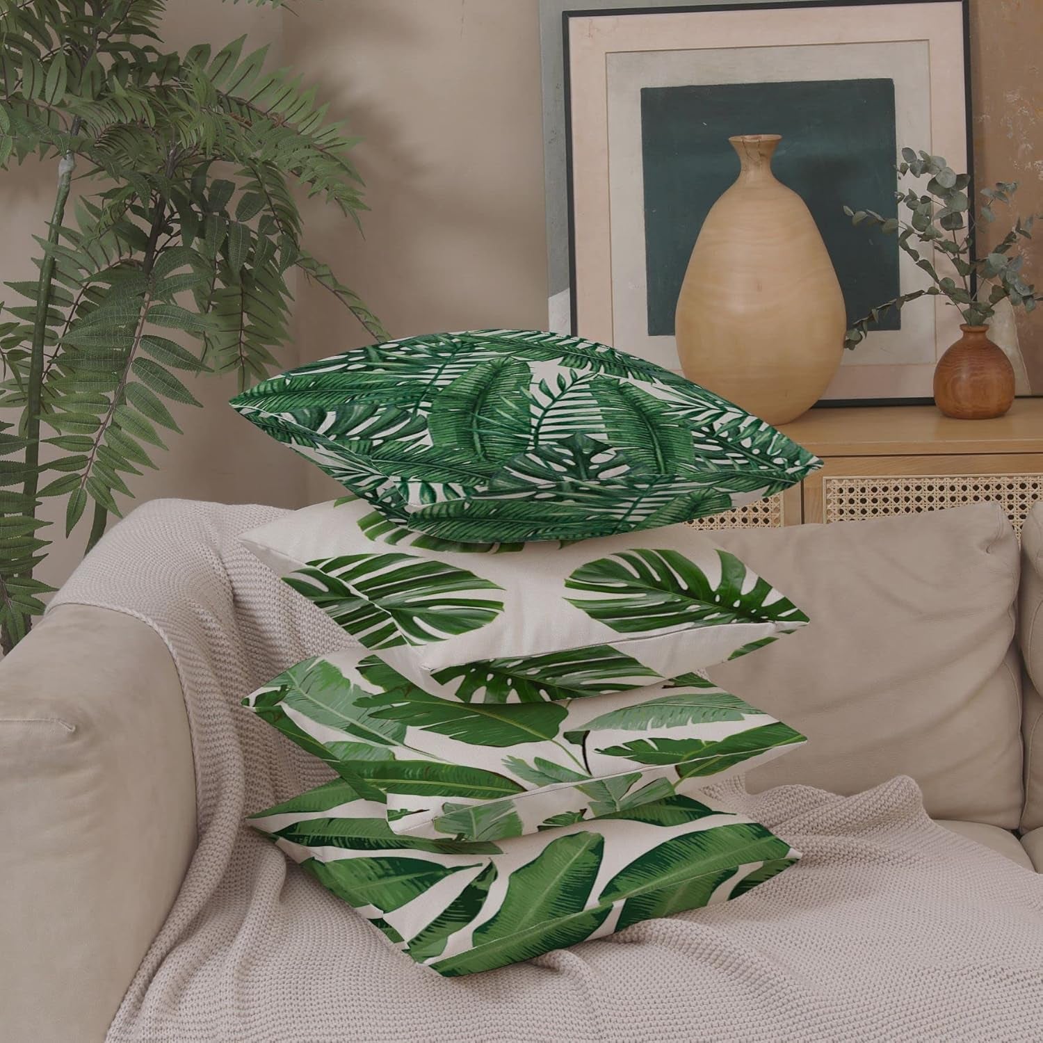 Pack of 4 Green Tropical Leaves Throw Pillow Cover Summer Palm Tree Leaf Outdoor Decorative Linen Square Cushion Cover with Hidden Zipper for Sofa Bed Couch Car Living Room Decor 18X18 Inch