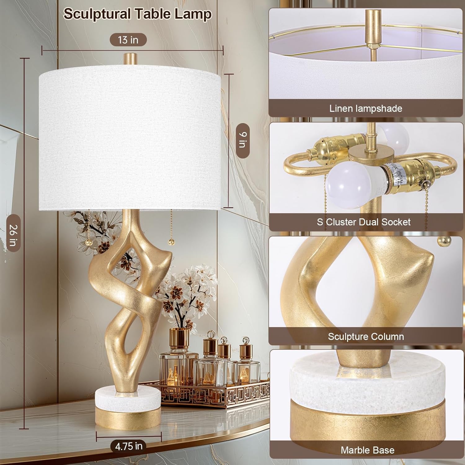 Sculptural Table Lamp Set of 2 with USB Ports for Bedroom Living Room, 26” Gold Leaf Marble Base Bedside Lamps, Pull Chains Switch Modern Nightstand Lamp for Home Room Decor (Bulbs Included)