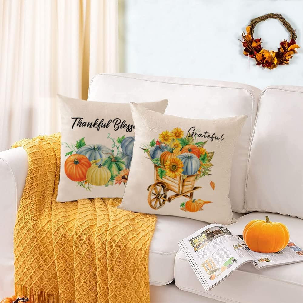 Fall Pillow Covers 16X16 Set of 4 Thanksgiving Autumn Decorative Pillow Covers Blue Fall Pumpkin Gnome Truck Cushion Covers Pillow Cases for Home Outdoor Couch Sofa Decorations (16 Inch)