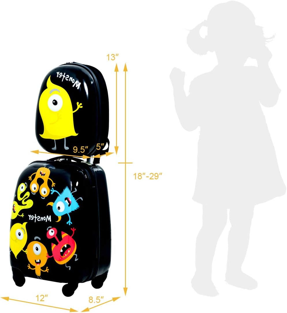 Kids Luggage, 12" Toddler Backpack & 16" Travel Suitcase with Wheels, Lightweight Toddler Girls Suitcase, Durable ABS Hardshell, 2Pcs Carry on Luggage Set for Boys Girls, Black Monster