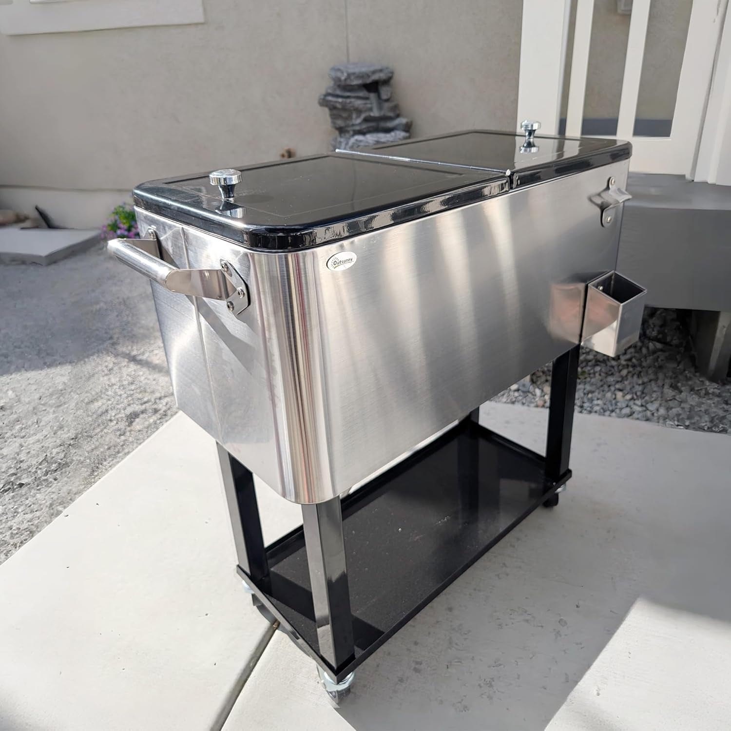 80 QT Rolling Cooling Bins Ice Chest on Wheels Outdoor Stand up Drink Cooler Cart for Party, Silver