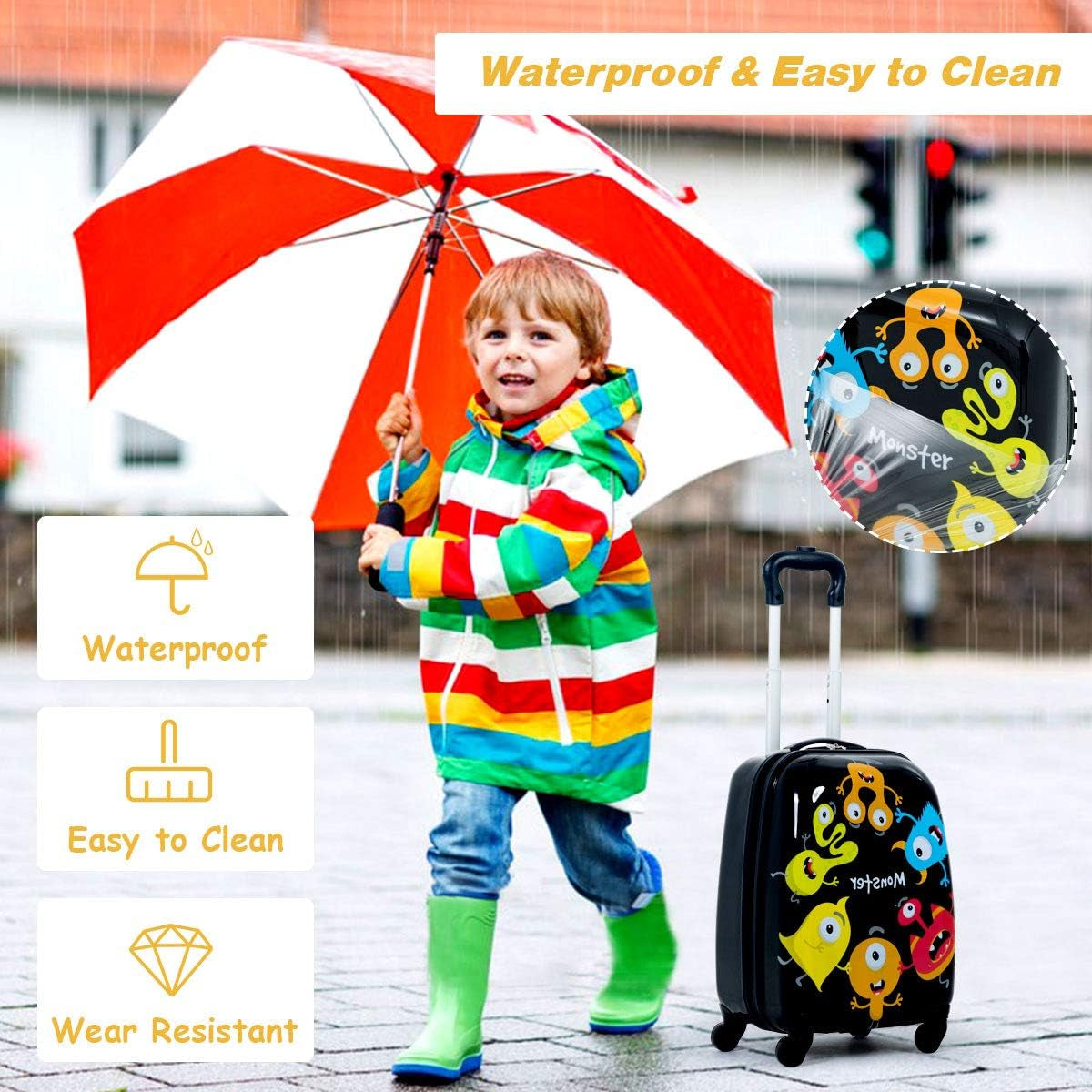 Kids Luggage, 12" Toddler Backpack & 16" Travel Suitcase with Wheels, Lightweight Toddler Girls Suitcase, Durable ABS Hardshell, 2Pcs Carry on Luggage Set for Boys Girls, Black Monster