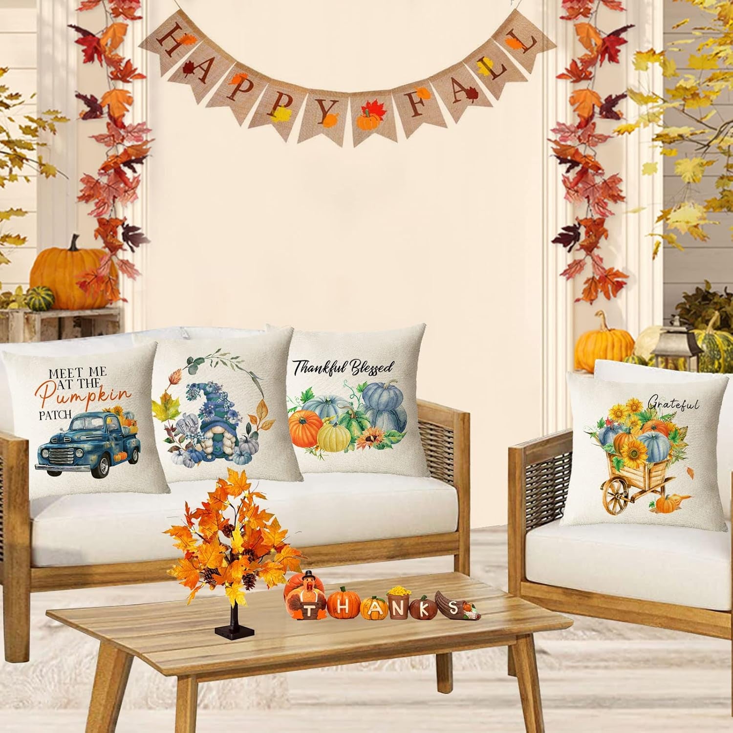 Fall Pillow Covers 16X16 Set of 4 Thanksgiving Autumn Decorative Pillow Covers Blue Fall Pumpkin Gnome Truck Cushion Covers Pillow Cases for Home Outdoor Couch Sofa Decorations (16 Inch)