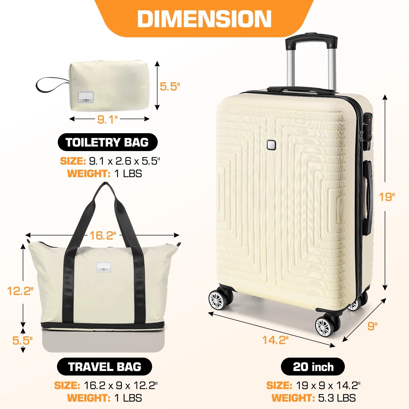 5 Piece Hardshell Luggage Set, Lightweight Suitcase with TSA Lock Spinner Wheels Beige