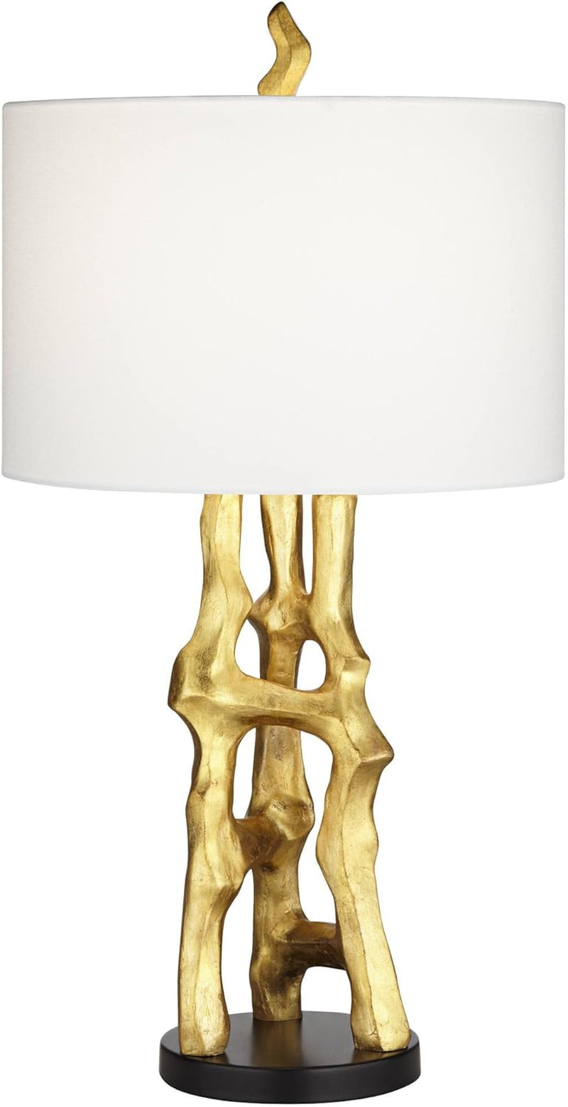 Organic Sculpture 29" Tall Modern Glam Luxury End Table Lamp Gold Finish Single Fabric White Shade Living Room Bedroom Bedside Nightstand House Office Home Reading Kitchen