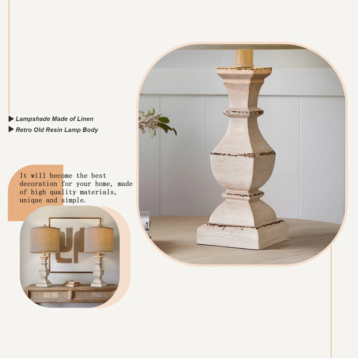 20.5" Retro Table Lamp Set of 2 Bedside Lamps for Living Room Bedroom Traditional Nightstands Lamps Resin