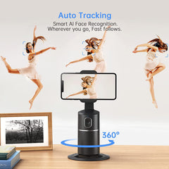 Auto Face Tracking Phone Holder, No App Required, 360° Rotation Face Body Phone Tracking Tripod Smart Shooting Camera Mount for Live Vlog Streaming Video, Rechargeable Battery-Black