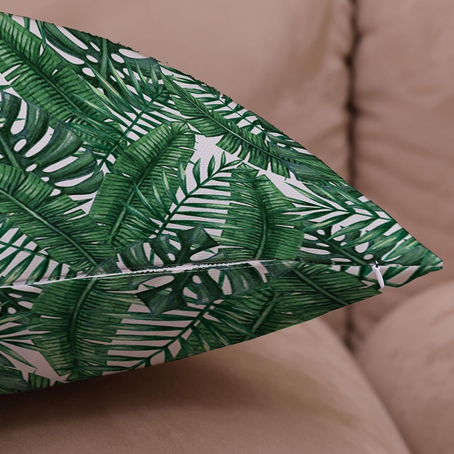 Pack of 4 Green Tropical Leaves Throw Pillow Cover Summer Palm Tree Leaf Outdoor Decorative Linen Square Cushion Cover with Hidden Zipper for Sofa Bed Couch Car Living Room Decor 18X18 Inch