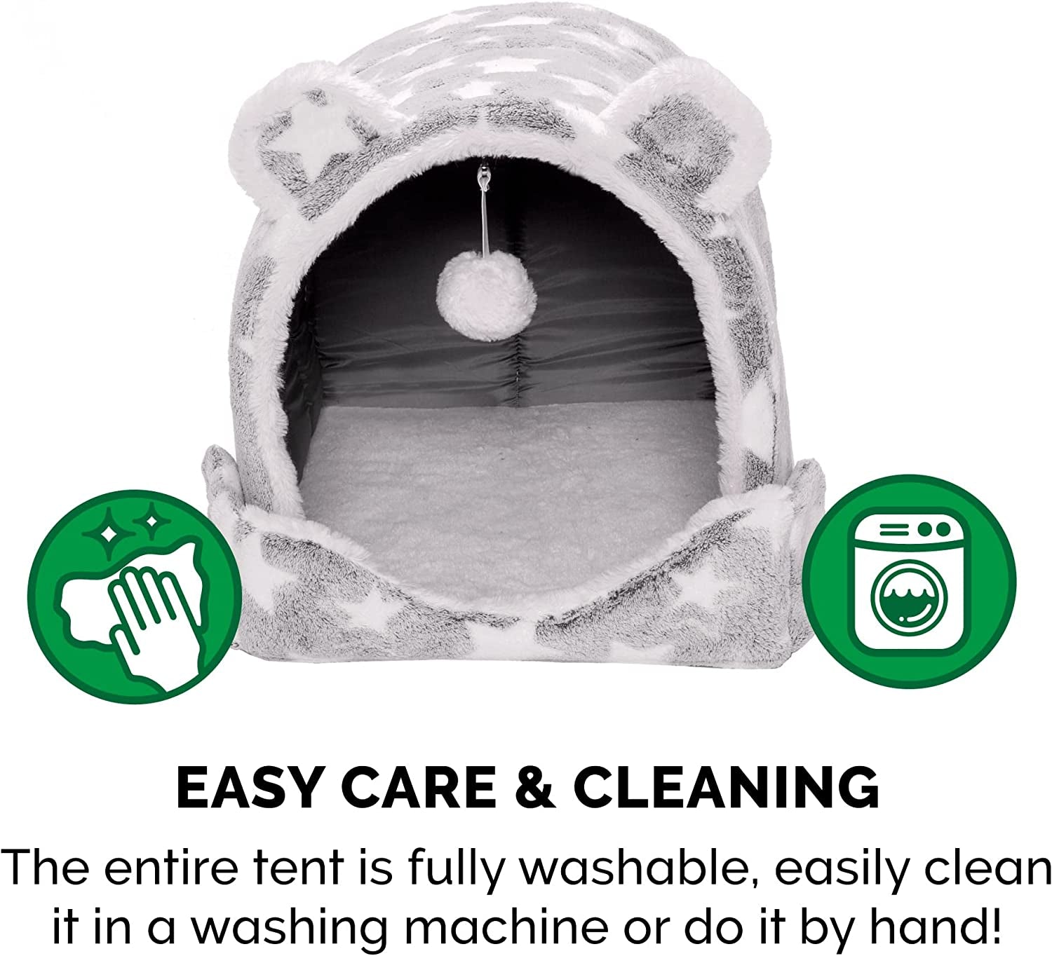 Cozy Cat Bed Cave for Indoor Cats & Small Dogs - Washable, Foldable with Plush Ball Toy - Pet Tent with Silver Stars Design (Size: Small)