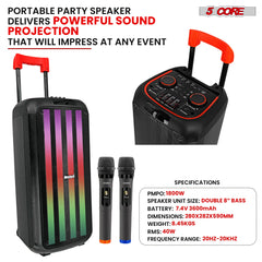 8-Inch Bluetooth Speaker Boombox Karaoke PA System with 2 Wireless Mics PLB 8X2