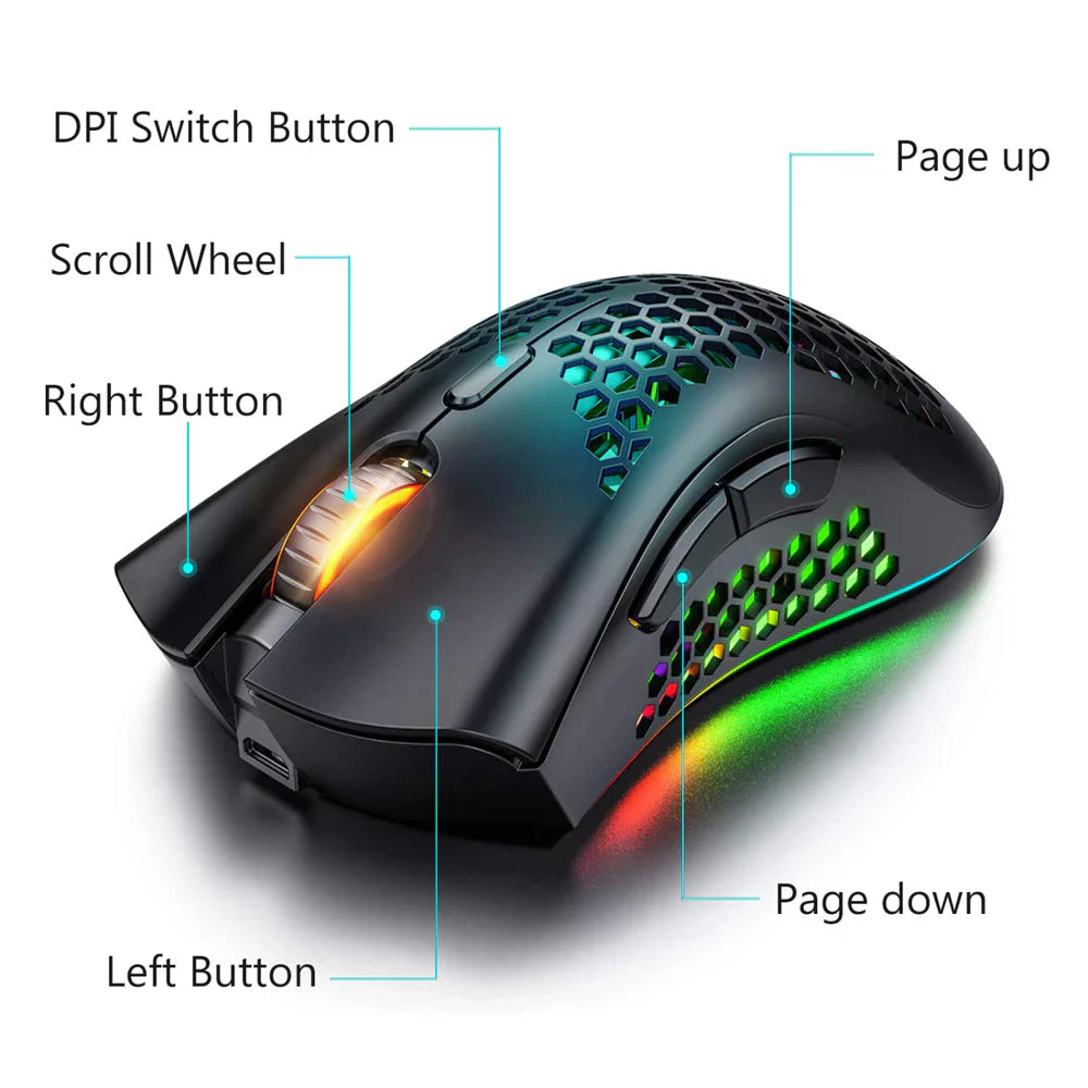 Ultralight Rechargeable Optical Cordless Gaming Mouse, RGB Backlit - 2.4G Wireless, Ergonomic - for PC & Mac