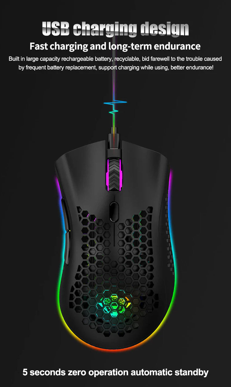 Ultralight Rechargeable Optical Cordless Gaming Mouse, RGB Backlit - 2.4G Wireless, Ergonomic - for PC & Mac