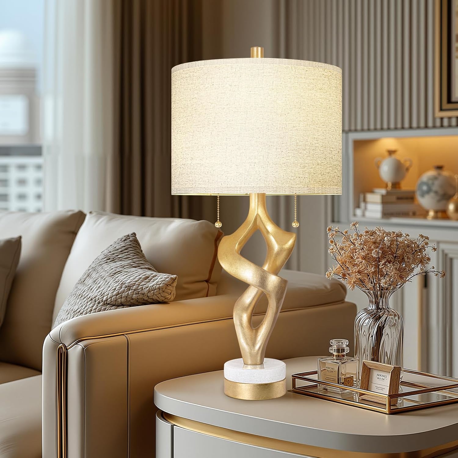 Sculptural Table Lamp Set of 2 with USB Ports for Bedroom Living Room, 26” Gold Leaf Marble Base Bedside Lamps, Pull Chains Switch Modern Nightstand Lamp for Home Room Decor (Bulbs Included)