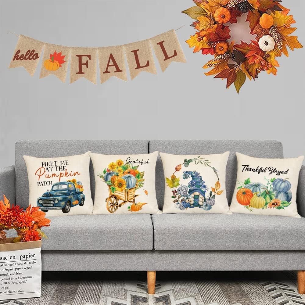 Fall Pillow Covers 16X16 Set of 4 Thanksgiving Autumn Decorative Pillow Covers Blue Fall Pumpkin Gnome Truck Cushion Covers Pillow Cases for Home Outdoor Couch Sofa Decorations (16 Inch)