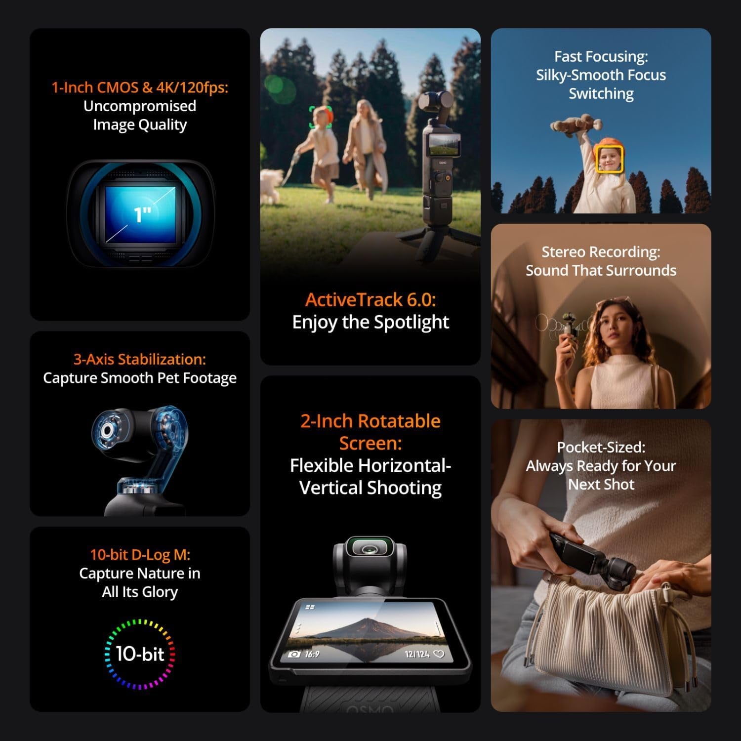 Osmo Pocket 3 Vlogging Camera with 1'' CMOS & 4K/120Fps Video, 3-Axis Stabilization, Fast Focus, Face/Object Tracking, Rotatable Touchscreen Bundle with Deco Gear 2 Lapel Microphones + 128GB Card