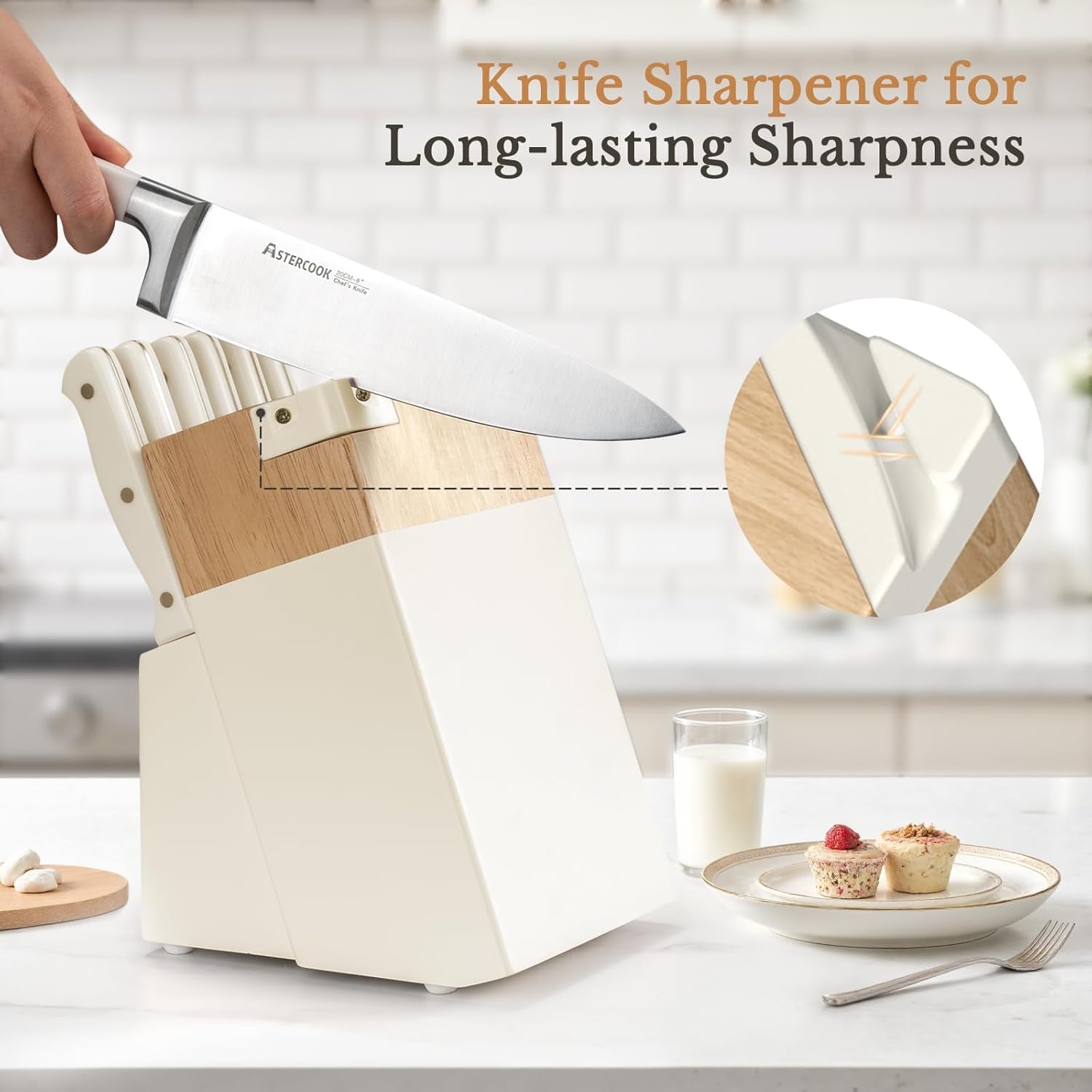 Knife Set, Kitchen Knife Set with Block 14-Piece Full Tang Stainless Steel Knives with Sharpener Dishwasher Safe and Anti-Slip Ergonomic Handle Elegant Cream White Utensils Set