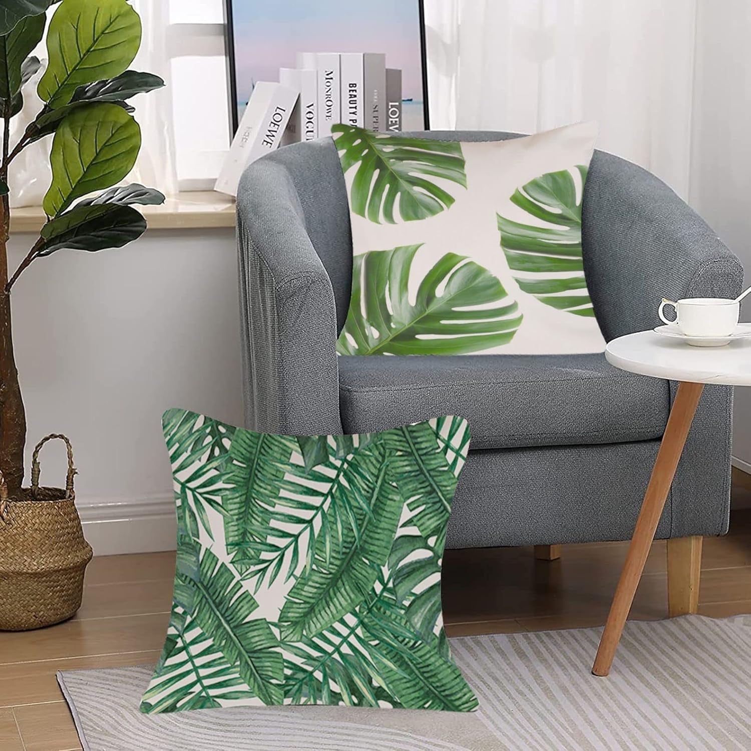 Pack of 4 Green Tropical Leaves Throw Pillow Cover Summer Palm Tree Leaf Outdoor Decorative Linen Square Cushion Cover with Hidden Zipper for Sofa Bed Couch Car Living Room Decor 18X18 Inch