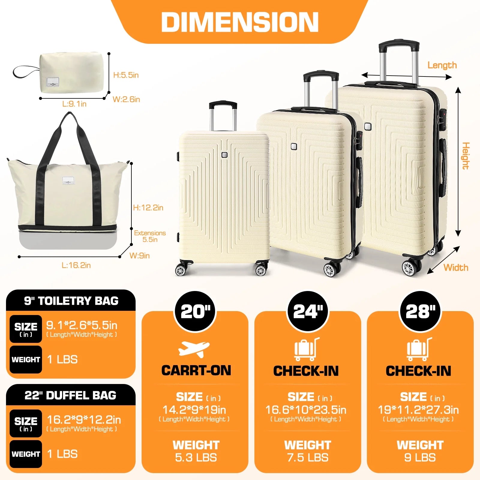 5 Piece Hardshell Luggage Set, Lightweight Suitcase with TSA Lock Spinner Wheels Beige