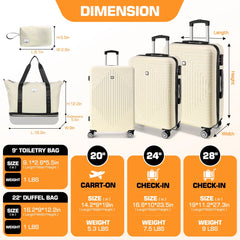 5 Piece Hardshell Luggage Set, Lightweight Suitcase with TSA Lock Spinner Wheels Beige