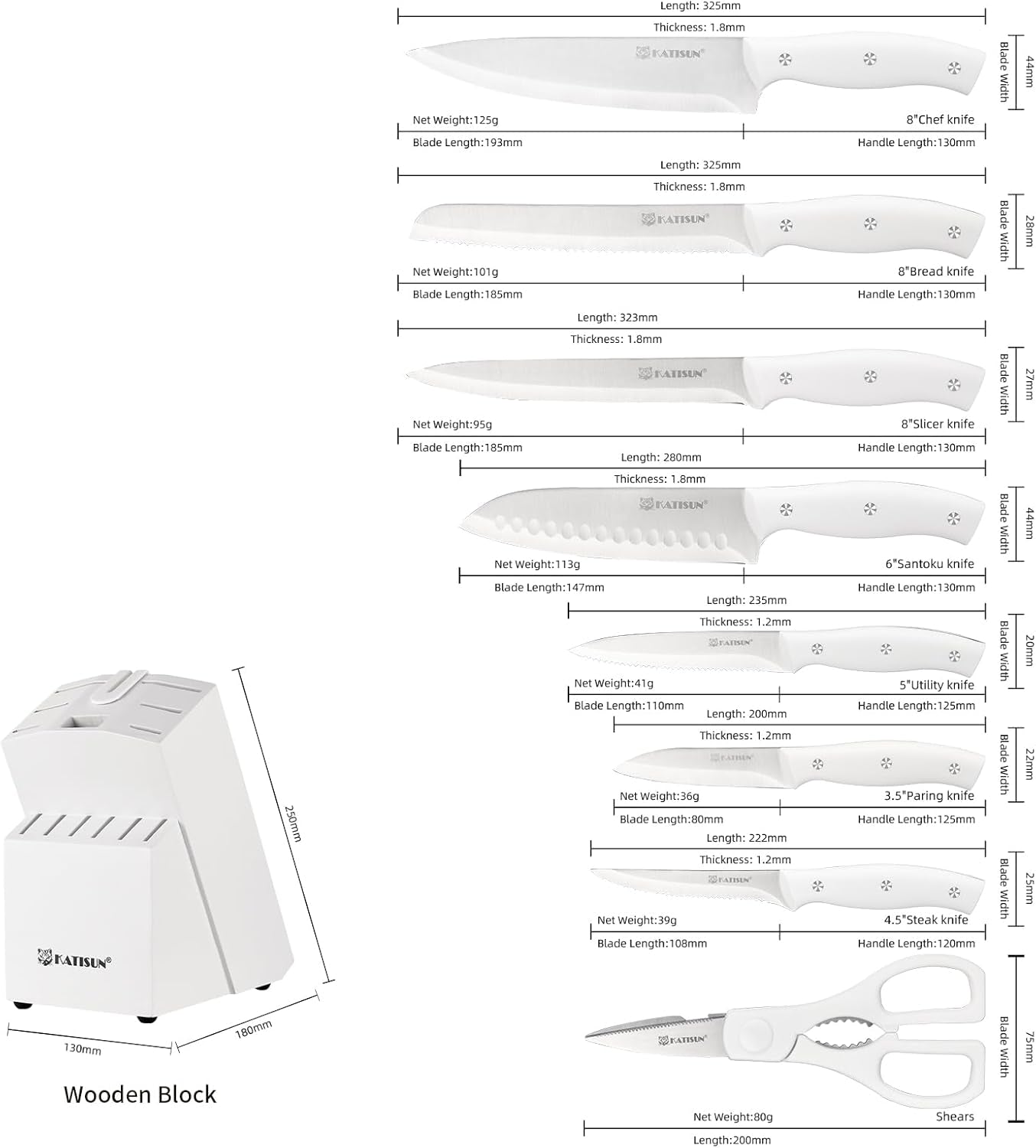 15-Piece White Kitchen Knife Set with Built-In Sharpening Stone, Ergonomic Triple Rivet Fixed Handles, Dishwasher Safe