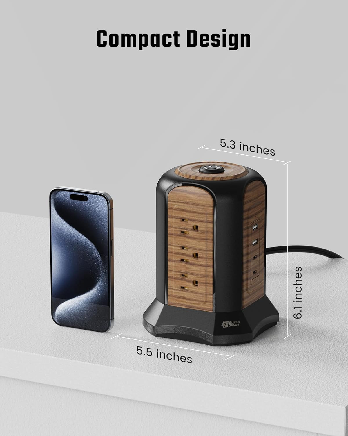 Tower Surge Protector – 9 Outlets, 4 USB (2 USB-C), 10 Ft Cord, 1080 J, Grounded, Brown