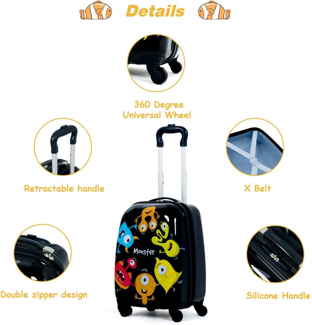 Kids Luggage, 12" Toddler Backpack & 16" Travel Suitcase with Wheels, Lightweight Toddler Girls Suitcase, Durable ABS Hardshell, 2Pcs Carry on Luggage Set for Boys Girls, Black Monster