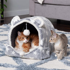 Cozy Cat Bed Cave for Indoor Cats & Small Dogs - Washable, Foldable with Plush Ball Toy - Pet Tent with Silver Stars Design (Size: Small)