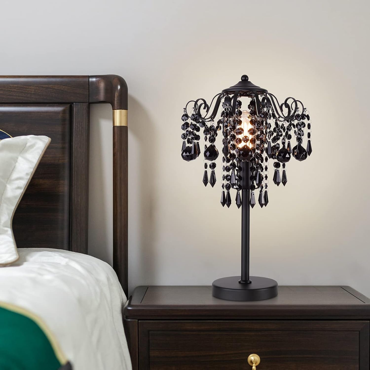 Small Black Crystal Table Lamp, 1-Light E26 Bedside Nightstand Lamp for Bedroom or Living Room