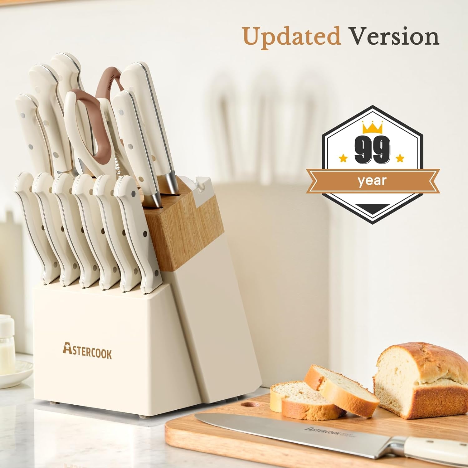 Knife Set, Kitchen Knife Set with Block 14-Piece Full Tang Stainless Steel Knives with Sharpener Dishwasher Safe and Anti-Slip Ergonomic Handle Elegant Cream White Utensils Set