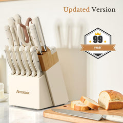Knife Set, Kitchen Knife Set with Block 14-Piece Full Tang Stainless Steel Knives with Sharpener Dishwasher Safe and Anti-Slip Ergonomic Handle Elegant Cream White Utensils Set