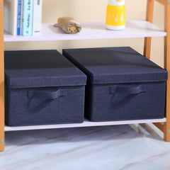 Foldable Storage Bins with Lids, Pack of 2 - Heavy Cardboard Boxes with Handles, 16.5" L x 11.8" W x 7.5" H for Shoes and Clothes, Blue