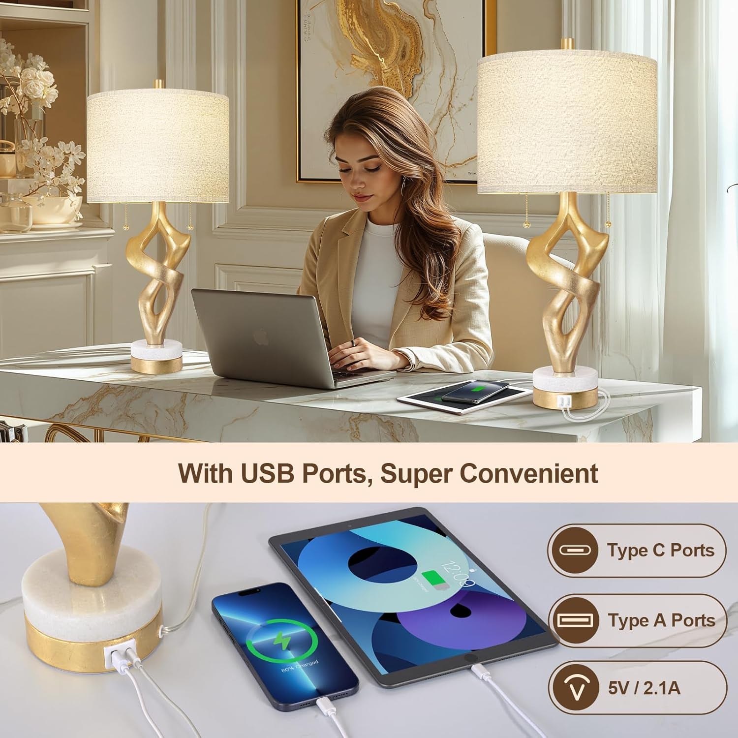 Sculptural Table Lamp Set of 2 with USB Ports for Bedroom Living Room, 26” Gold Leaf Marble Base Bedside Lamps, Pull Chains Switch Modern Nightstand Lamp for Home Room Decor (Bulbs Included)