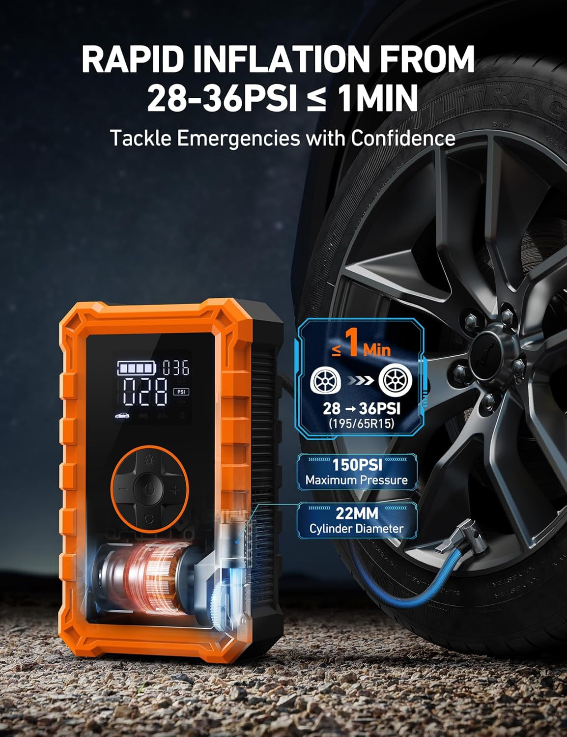 S8 Air Jump Starter with Air Compressor, 3000A Peak Car Battery Jump Starter Portable (9.0 Gas/6.5L Diesel) with 150PSI Cordless Auto-Shutoff Tire Inflator, 12V Battery Charger Booster(Orange)