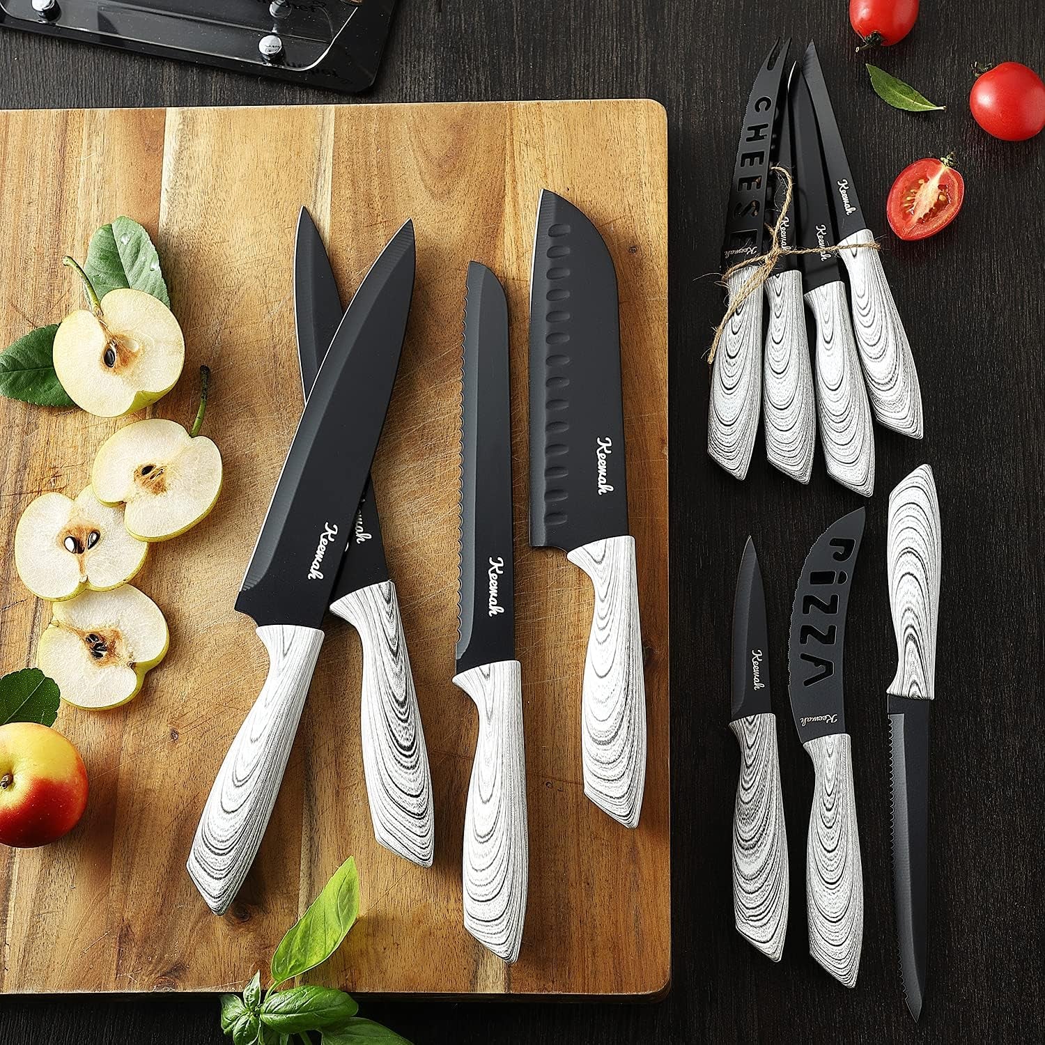 19 Pieces Kitchen Knife Set, 15 Stainless Steel Knives with Wood Texture Handle, Acrylic Stand, Scissors, Peeler and Knife Sharpener