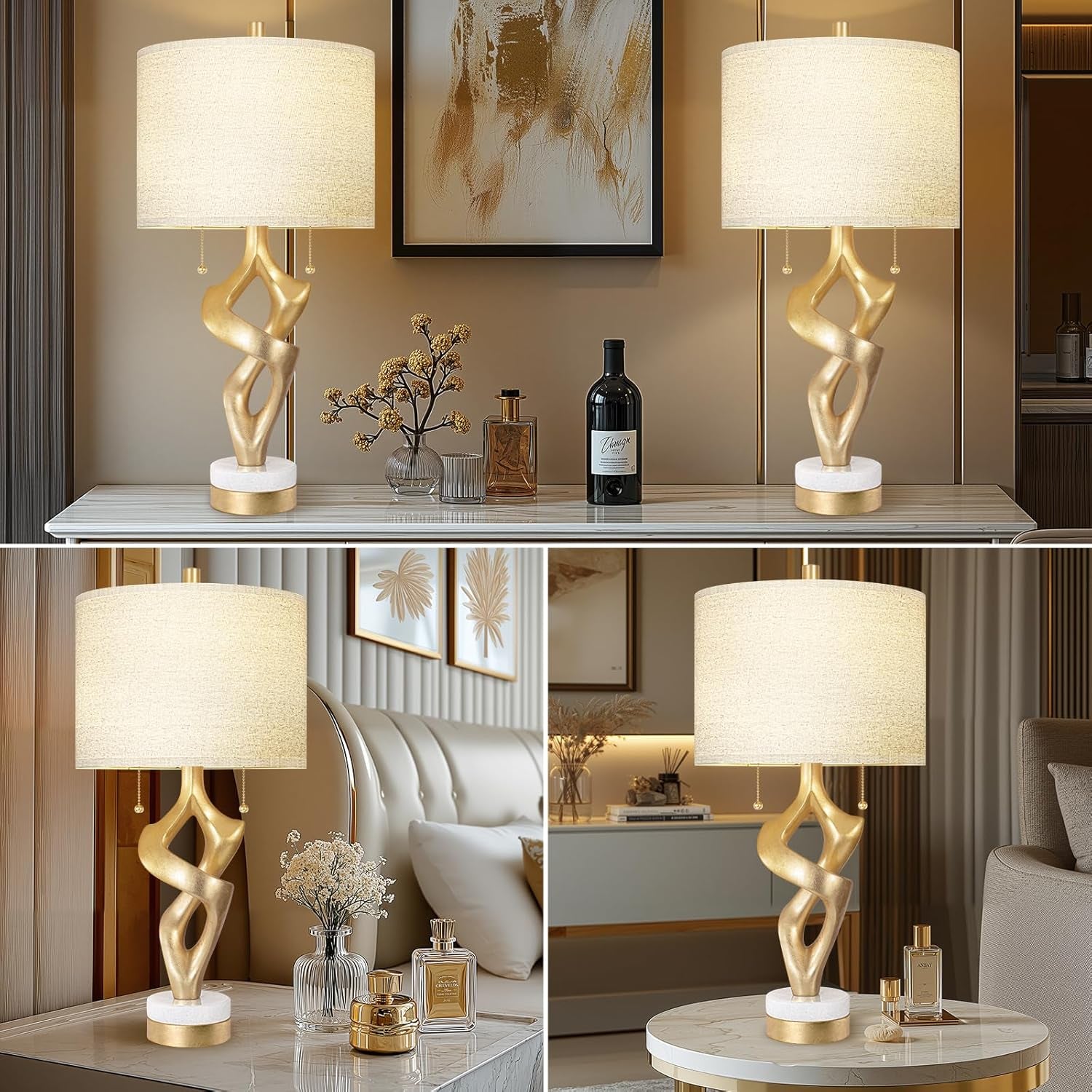 Sculptural Table Lamp Set of 2 with USB Ports for Bedroom Living Room, 26” Gold Leaf Marble Base Bedside Lamps, Pull Chains Switch Modern Nightstand Lamp for Home Room Decor (Bulbs Included)