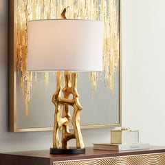 Organic Sculpture 29" Tall Modern Glam Luxury End Table Lamp Gold Finish Single Fabric White Shade Living Room Bedroom Bedside Nightstand House Office Home Reading Kitchen